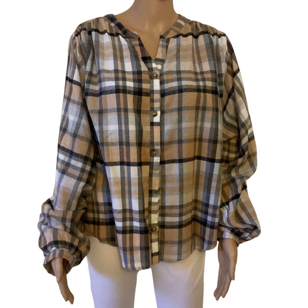 Andre by Unit flannel plaid balloon long sleeve frontβ button boho womenβs L